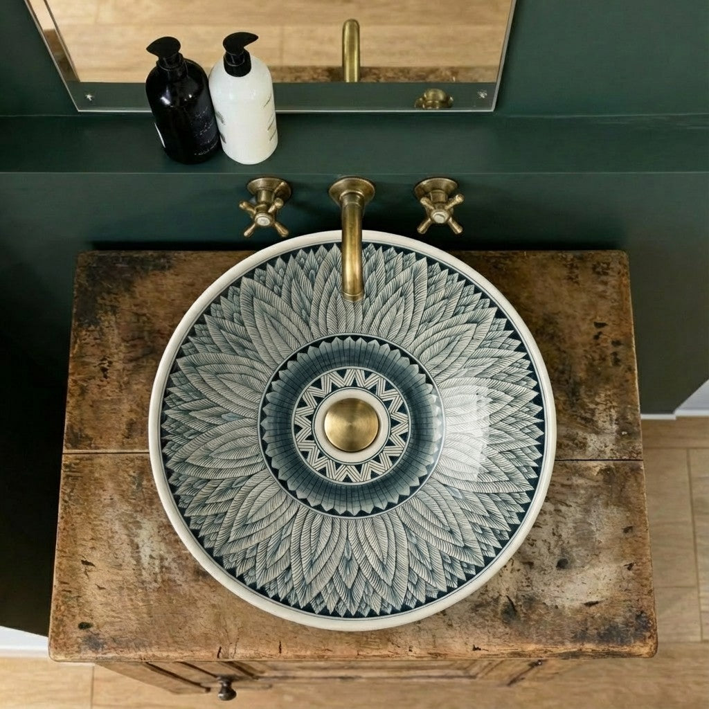 Lavandino rotondo dipinto a mano Foglie